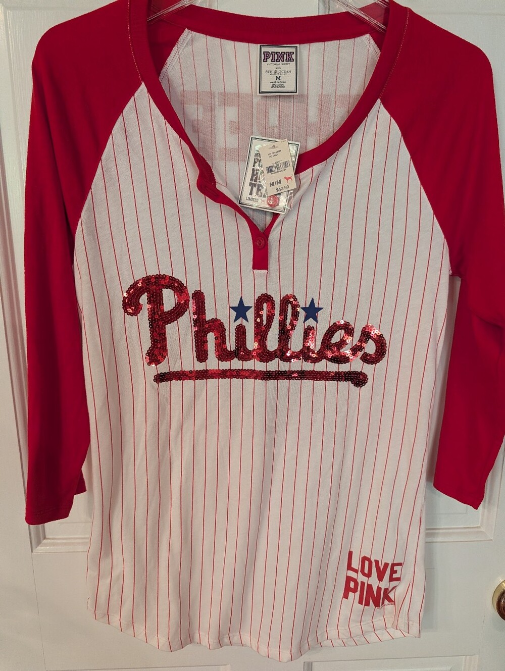 NWT PINK Victoria's Secret Red & White Phillies Pinstripe Sequin Baseball Tee